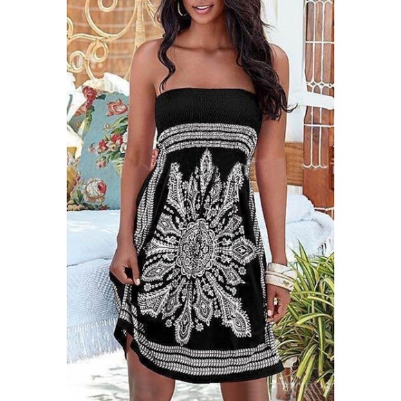 Dresses & Skirts - Peasant Style Tribal Print Strapless Mini Bandeau A-line Summer Dress
